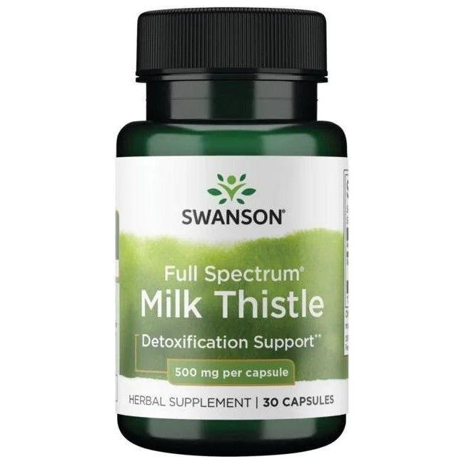 Swanson Full Spectrum Milk Thistle 500mg supplement bottle with 30 capsules for liver health support
