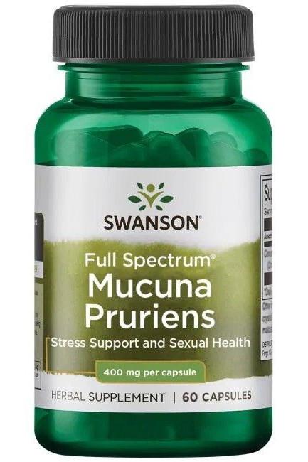 Swanson Full Spectrum Mucuna Pruriens, 400mg, 60 capsules for stress support and nerve health.