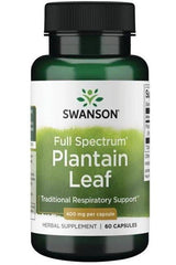 Swanson Full Spectrum Plantain Leaf 400mg herbal supplement bottle with 60 capsules for respiratory support.
