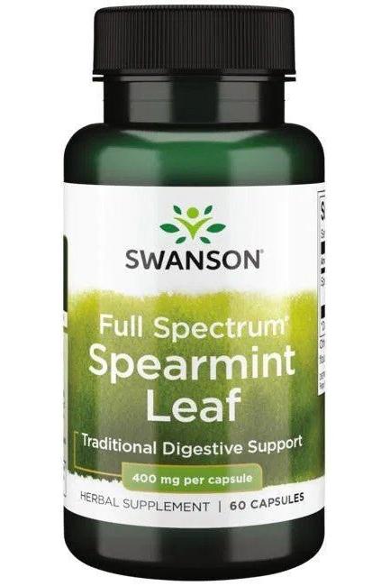 Swanson Full Spectrum Spearmint Leaf supplement bottle, 400mg, 60 capsules for digestive health support.