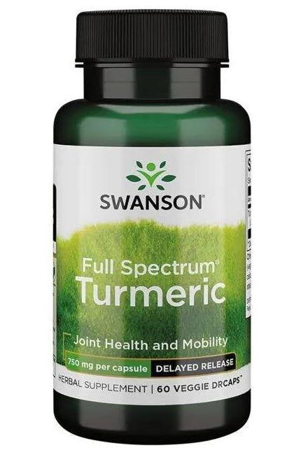 Swanson Full Spectrum Turmeric 750 mg supplement bottle for joint health and mobility, 60 veggie capsules.
