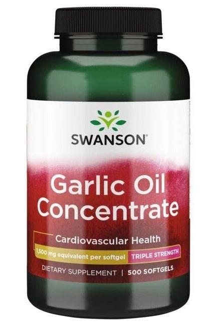Swanson Garlic Oil Concentrate supplement bottle for cardiovascular health, 500 softgels, triple strength formula.