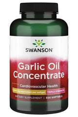 Swanson Garlic Oil Concentrate supplement bottle for cardiovascular health, 500 softgels, triple strength formula.