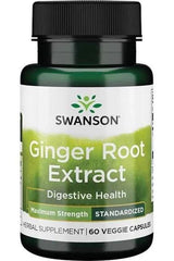 Swanson Ginger Root Extract supplement for digestive health, featuring 60 veggie capsules in a green bottle.