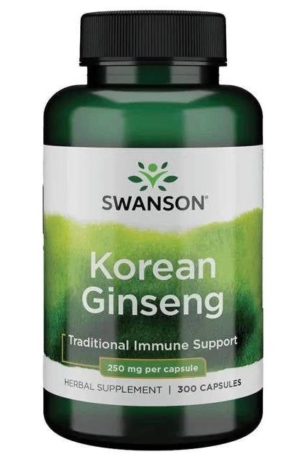 Swanson Korean Ginseng supplement bottle, 250 mg per capsule, 300 capsules for energy and immune support.