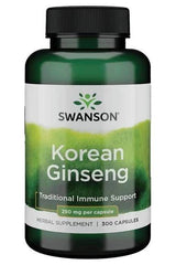 Swanson Korean Ginseng supplement bottle, 250 mg per capsule, 300 capsules for energy and immune support.