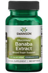 Swanson GlucoHelp Banaba Extract 1.33 mg blood sugar support supplement, 60 softgels in a green bottle.