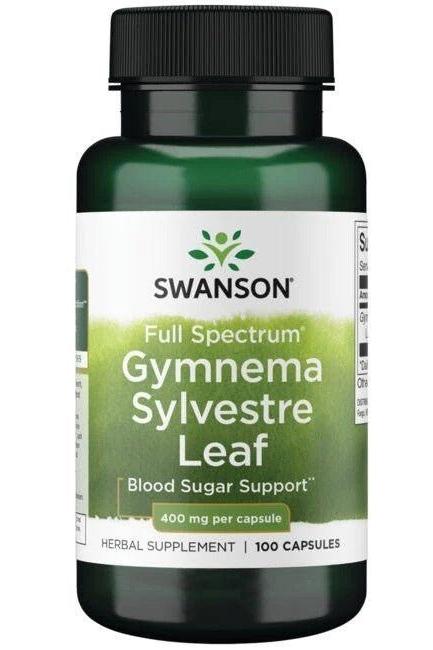 Swanson Gymnema Sylvestre Leaf supplement bottle, 400mg, supports healthy blood sugar levels, 100 capsules.