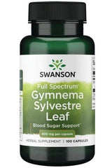 Swanson Gymnema Sylvestre Leaf supplement bottle, 400mg, supports healthy blood sugar levels, 100 capsules.