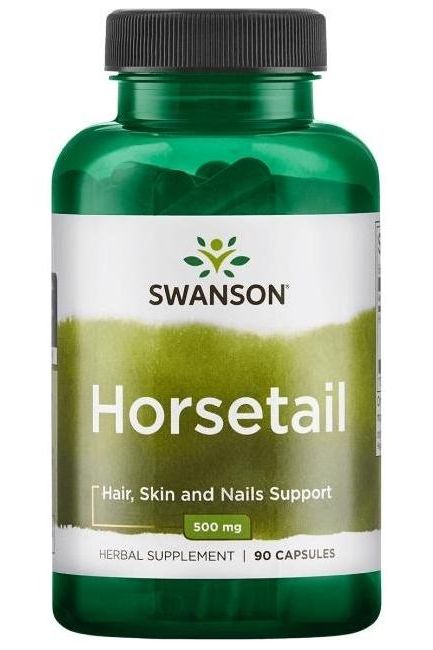 Swanson Horsetail supplement bottle, 500mg, 90 capsules for hair, skin, and nails support.