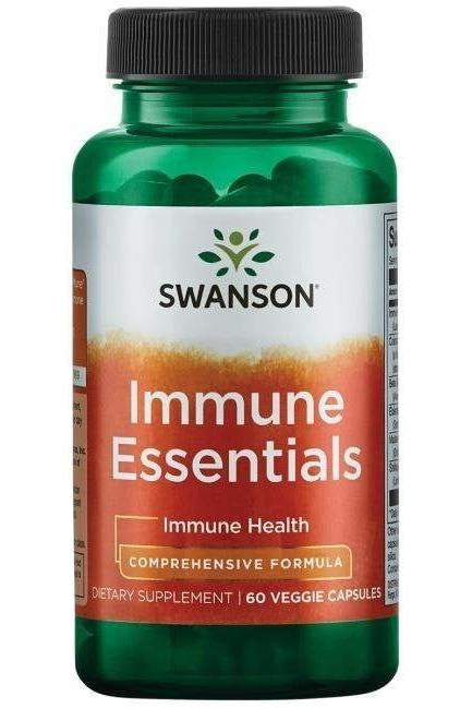 Swanson Immune Essentials dietary supplement bottle with 60 veggie capsules for immune health support.