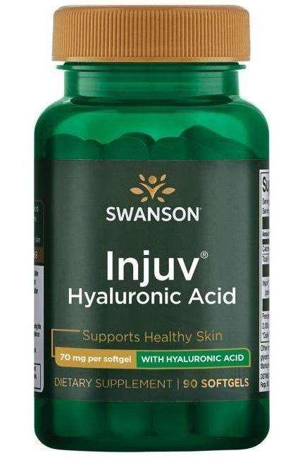 Swanson Injuv Hyaluronic Acid capsules 70 mg in a green bottle, supports healthy skin and joint health, dietary supplement.