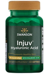 Swanson Injuv Hyaluronic Acid capsules 70 mg in a green bottle, supports healthy skin and joint health, dietary supplement.