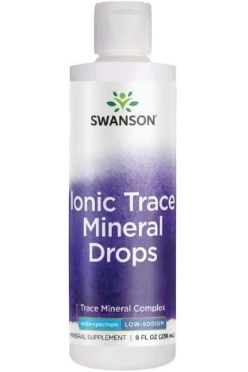Swanson Ionic Trace Mineral Drops in a 236 ml bottle, featuring a low-sodium trace mineral complex for full absorption.