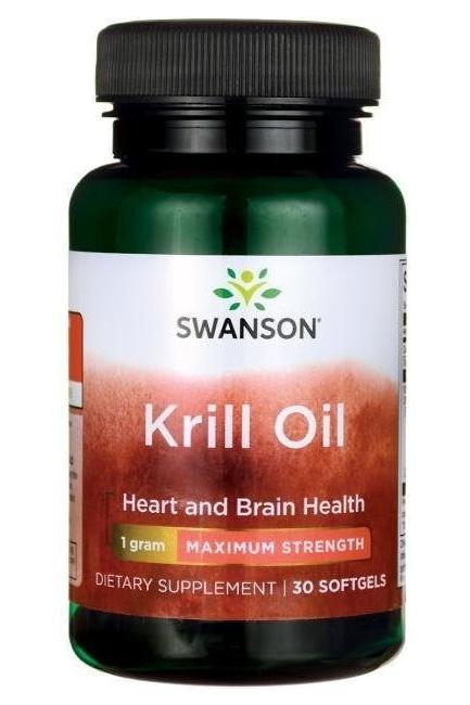 Swanson Krill Oil supplement bottle for heart and brain health, maximum strength, 30 softgels.