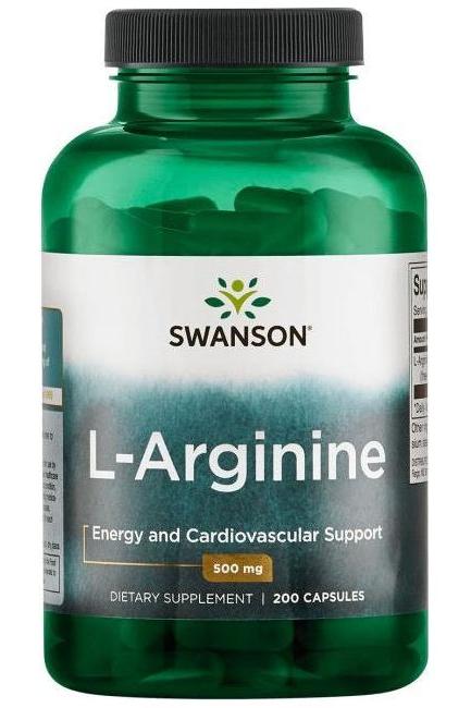 Swanson L-Arginine supplement bottle, 500 mg, 200 capsules for energy and cardiovascular support.