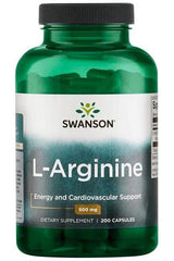 Swanson L-Arginine supplement bottle, 500 mg, 200 capsules for energy and cardiovascular support.