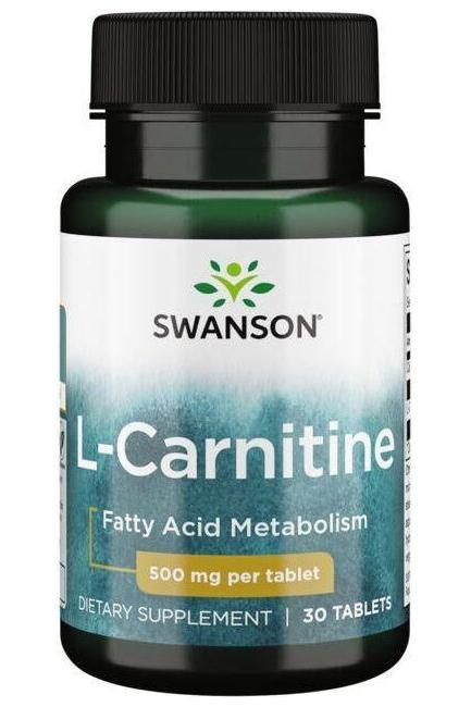 Swanson L-Carnitine 500 mg bottle for fatty acid metabolism, dietary supplement with 30 tablets.