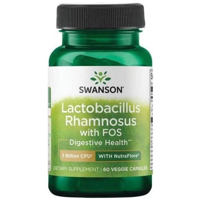 Swanson Lactobacillus Rhamnosus with FOS dietary supplement bottle, 60 veggie capsules for digestive health.