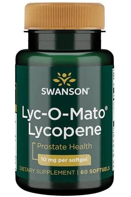 Swanson Lyc-O-Mato Lycopene 10mg softgel bottle for prostate health, dietary supplement with 60 capsules.