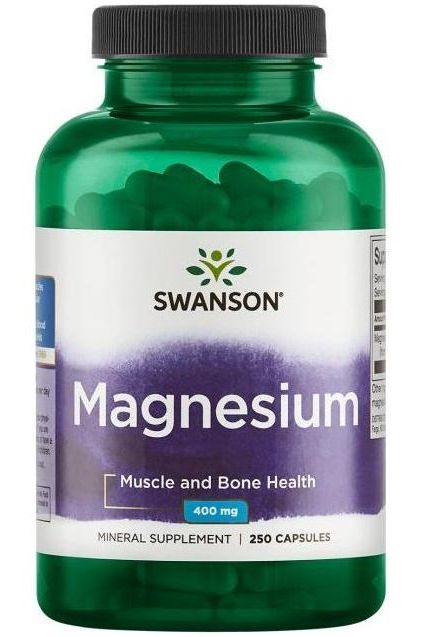 Swanson Magnesium supplement bottle, 400mg, 250 capsules for muscle and bone health.