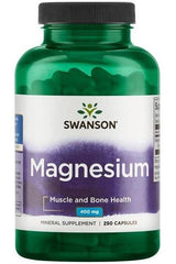 Swanson Magnesium supplement bottle, 400mg, 250 capsules for muscle and bone health.