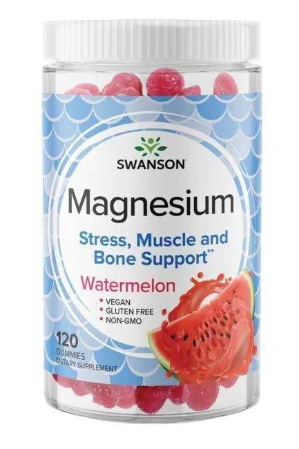 Swanson Magnesium Citrate gummies in watermelon flavor, vegan, gluten-free, 120 count for stress, muscle, and bone support.