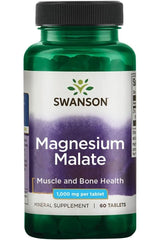 Swanson Magnesium Malate dietary supplement bottle for muscle and bone health, containing 60 tablets.