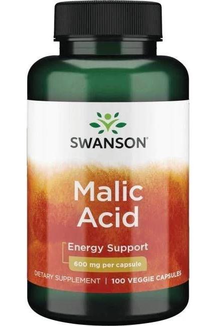 Swanson Malic Acid supplement bottle, 600 mg per capsule, 100 veggie capsules, energy support product.