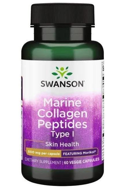 Swanson Marine Collagen Peptides Type I bottle for skin health, featuring Morikol, 60 veggie capsules.