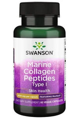 Swanson Marine Collagen Peptides Type I bottle for skin health, featuring Morikol, 60 veggie capsules.