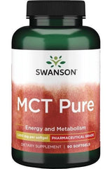 Swanson MCT Pure 1000mg bottle, 90 softgels for energy and metabolism support, pharmaceutical grade dietary supplement.