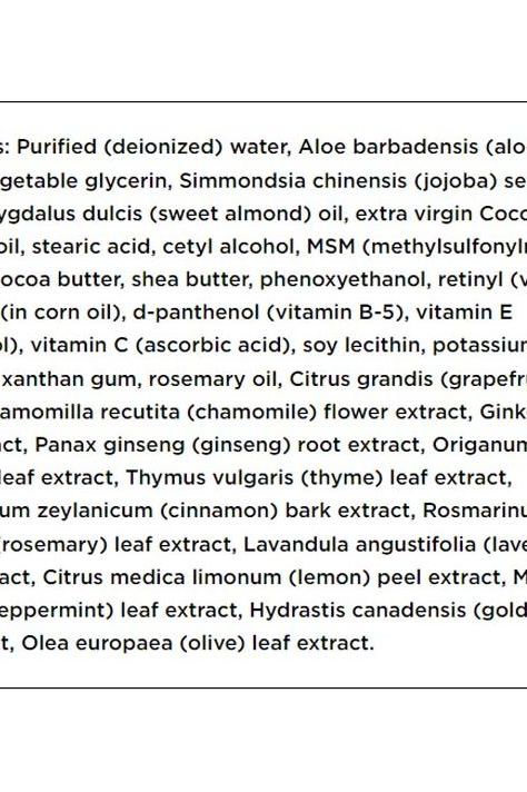 Ingredient list for Swanson MSM Cream, showcasing natural components like aloe vera, jojoba oil, and botanical extracts.
