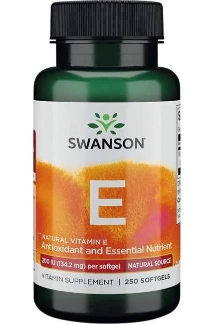 Swanson Natural Vitamin E supplement bottle, 200 IU, 250 softgels, antioxidant and essential nutrient.