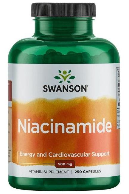 Swanson Niacinamide supplement bottle promoting energy and cardiovascular support, 500 mg, 250 capsules.