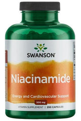 Swanson Niacinamide supplement bottle promoting energy and cardiovascular support, 500 mg, 250 capsules.