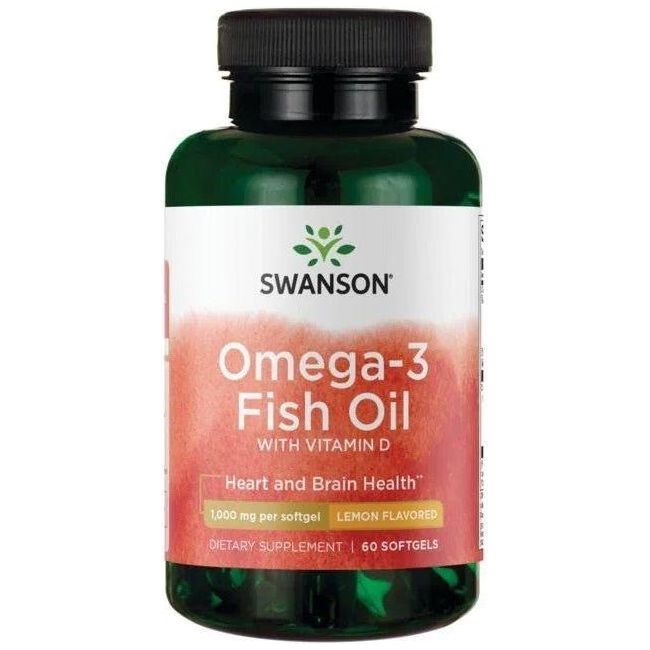 Swanson Omega-3 Fish Oil with Vitamin D - 60 softgels for heart and brain health, lemon flavored dietary supplement.