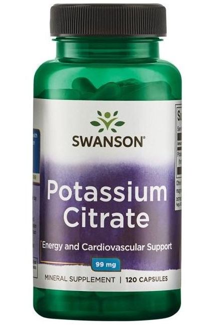 Swanson Potassium Citrate 99 mg supplement bottle for energy and cardiovascular support, containing 120 capsules.