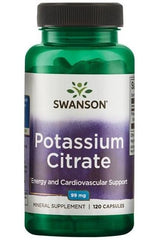 Swanson Potassium Citrate 99 mg supplement bottle for energy and cardiovascular support, containing 120 capsules.