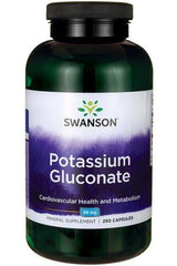 Swanson Potassium Gluconate 99mg supplement for heart health, 250 capsules, promoting cardiovascular health and metabolism.
