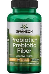Swanson Probiotic+ Prebiotic Fiber, 60 veggie caps for digestive health and gut support.