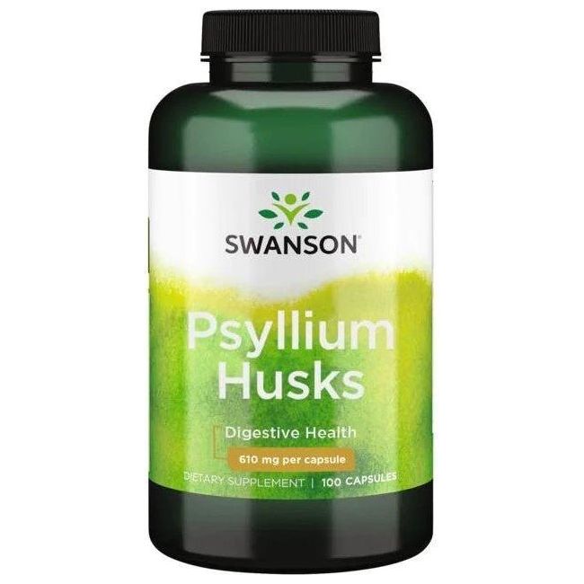 Swanson Psyllium Husks bottle, 610 mg per capsule, for digestive health and regular intestinal function.