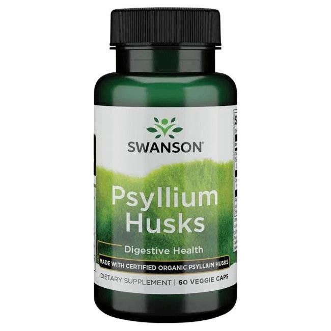 Swanson Psyllium Husks dietary supplement bottle promoting digestive health with 60 veggie caps.