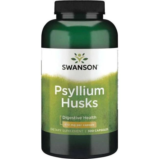 Swanson Psyllium Husks dietary supplement bottle for digestive health, 610 mg per capsule, 300 capsules.