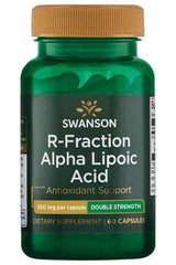 Swanson R-Fraction Alpha Lipoic Acid supplement bottle with 100 mg per capsule, 60 capsules for antioxidant support.