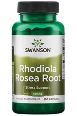 Swanson Rhodiola Rosea Root 400mg supplement bottle for stress support, containing 100 capsules.