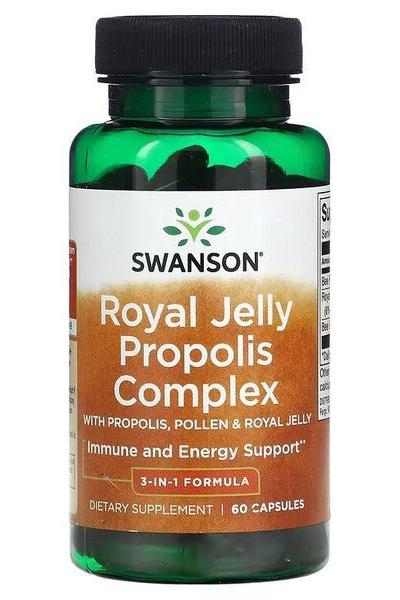 Swanson Royal Jelly Propolis Complex supplement bottle, 60 capsules for immune and energy support.