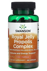 Swanson Royal Jelly Propolis Complex supplement bottle, 60 capsules for immune and energy support.