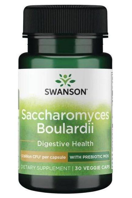 Swanson Saccharomyces Boulardii dietary supplement for digestive health in a green bottle.