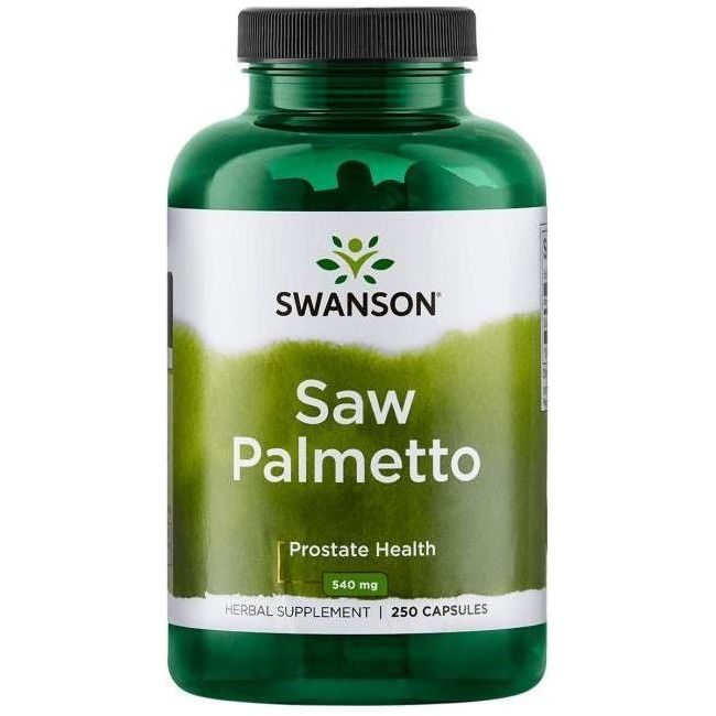 Swanson Saw Palmetto bottle, 540 mg, for prostate health, 250 capsules, herbal supplement.